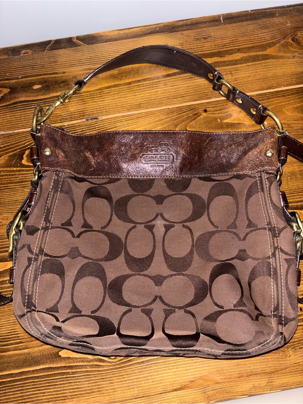 Coach Zoe Signature Hobo Brown Signature Logo Canvas Shoulder Bag w/Leather Trim
